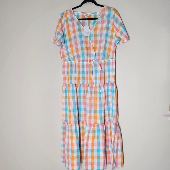 croft & barrow Dresses & Skirts - New Croft & Barrow Pastel Checkered Surplice Tiered Dress XXL